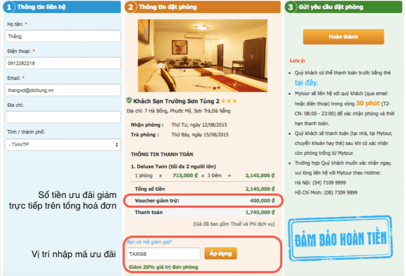 Hình ảnh minh hoạ cách thức nhập mã ưu đãi trên Mytour